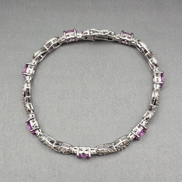 Sterling Silver Pink Tourmaline Quartz Infinity Tennis Bracelet 7.5" Signed SUN - Picture 2 of 15